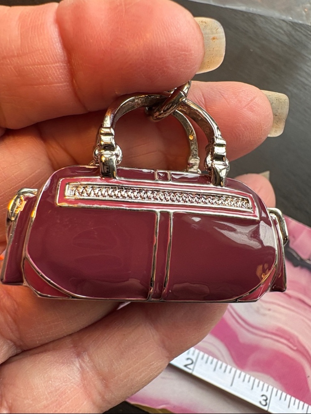 Coach Burgundy Patent Mini Satchel Key Ring with Silver Hardware - Picture 4 of 7
